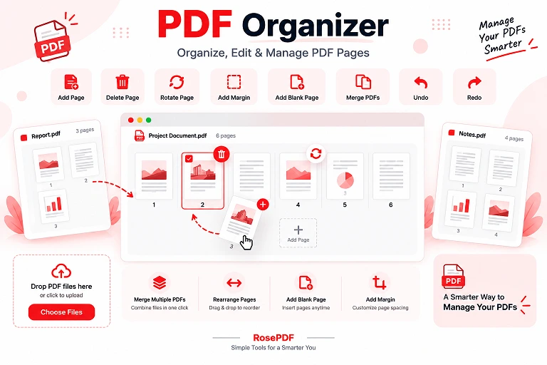 PDF Organizer showing tools to merge, delete, rotate and rearrange PDF pages